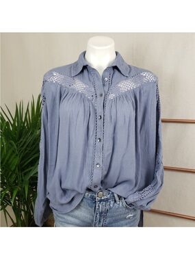 Free People Blue Lace-Inset Button-Front Women's Blouse